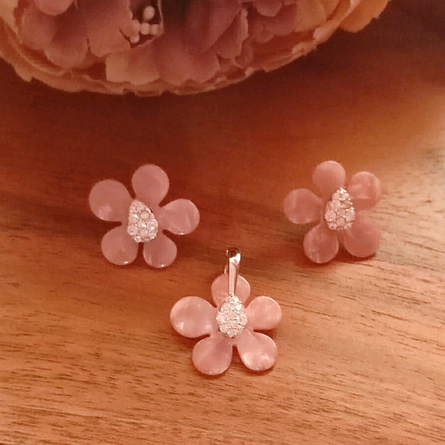 Sterling Silver Pink Flower Pendant Set 